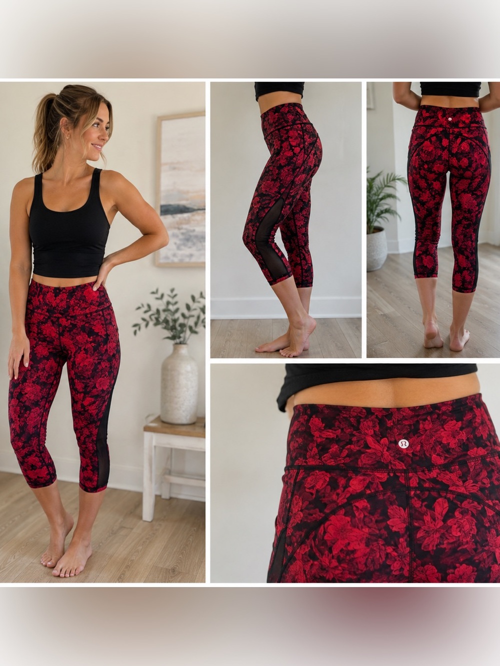 Lululemon Train Times Crop 20” Red Black Floral Mesh Leggings Sz 10